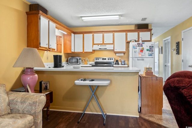 kitchen with appliances with stainless steel finishes, a peninsula, under cabinet range hood, light countertops, and wood finished floors