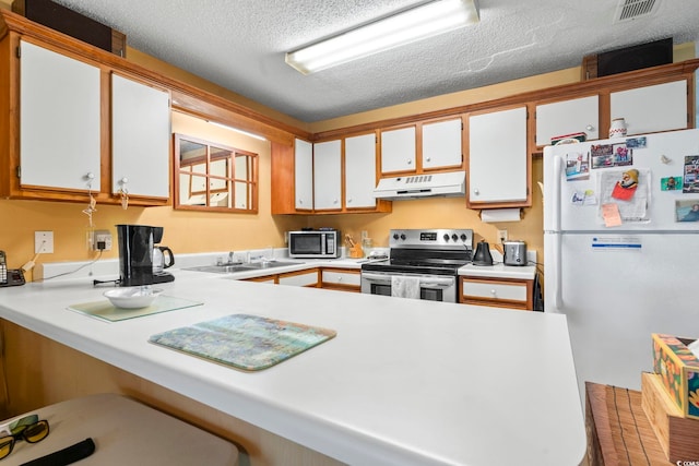 kitchen featuring stainless steel appliances, under cabinet range hood, a sink, light countertops, and a textured ceiling