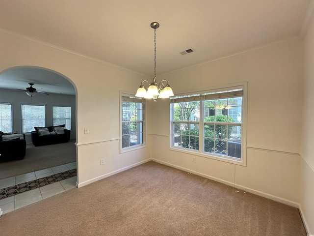 514 Hay Hill Ln Unit C, Myrtle Beach, SC 29579 - carpeted spare room featuring a chandelier, arched walkways, tile patterned floors, ornamental molding, and a ceiling fan