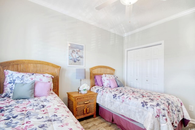 1533 Lanterns Rest Rd Unit 304, Myrtle Beach, SC 29579 - bedroom with wood finished floors, a closet, ceiling fan, and ornamental molding