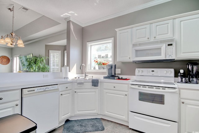 1533 Lanterns Rest Rd Unit 304, Myrtle Beach, SC 29579 - kitchen featuring ornamental molding, an inviting chandelier, visible vents, and white appliances