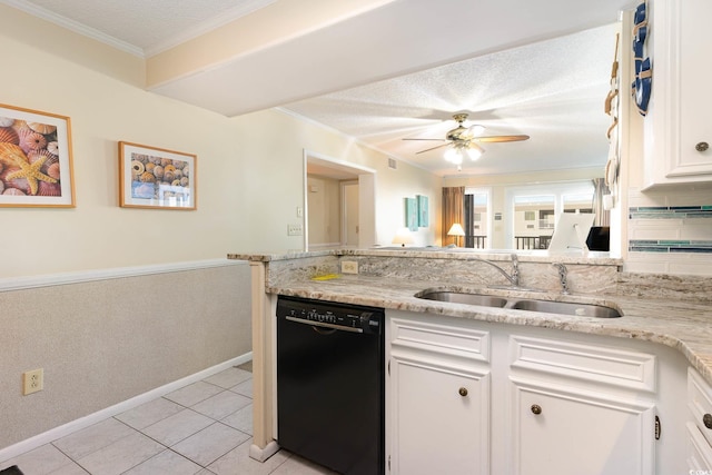 kitchen featuring a sink, white cabinetry, black dishwasher, ceiling fan, and light stone counters