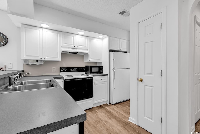 4430 Eastport Blvd Unit L15, Little River, SC 29566 - kitchen with range with electric cooktop, freestanding refrigerator, under cabinet range hood, black microwave, and white cabinets