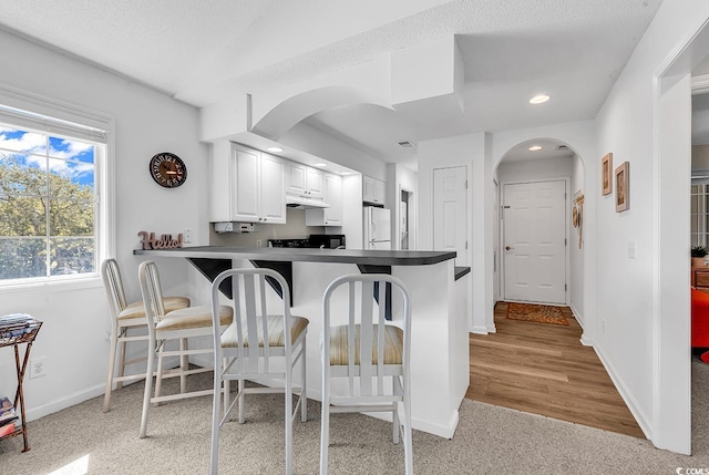 4430 Eastport Blvd Unit L15, Little River, SC 29566 - kitchen with freestanding refrigerator, arched walkways, a kitchen breakfast bar, a peninsula, and white cabinetry