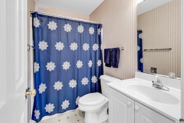 4430 Eastport Blvd Unit L15, Little River, SC 29566 - full bathroom featuring vanity, wallpapered walls, tile patterned floors, a shower with shower curtain, and a textured ceiling