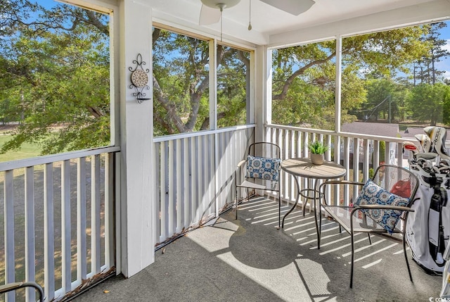 4430 Eastport Blvd Unit L15, Little River, SC 29566 - sunroom featuring a ceiling fan and view of wooded area