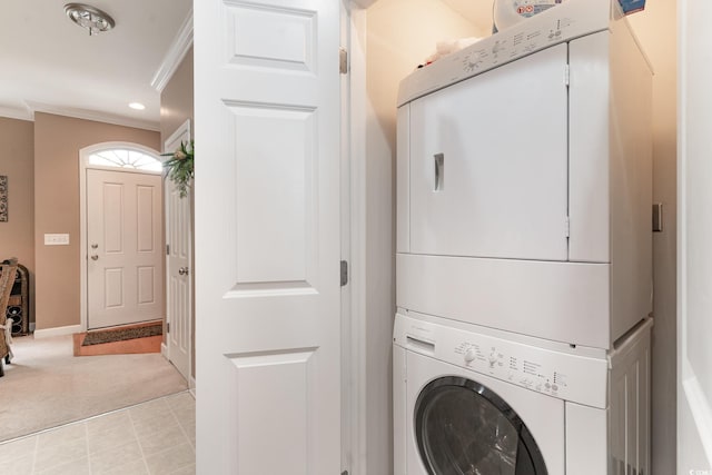 830 Howard Ave Unit D, Myrtle Beach, SC 29577 - washroom with stacked washer and clothes dryer, ornamental molding, baseboards, light colored carpet, and recessed lighting