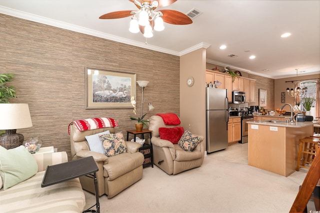 830 Howard Ave Unit D, Myrtle Beach, SC 29577 - living area featuring ornamental molding, ceiling fan, recessed lighting, a chandelier, and light colored carpet