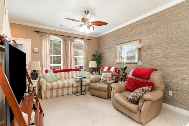 830 Howard Ave Unit D, Myrtle Beach, SC 29577 - living room featuring ceiling fan, carpet, ornamental molding, wallpapered walls, and an accent wall