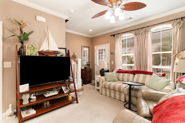 830 Howard Ave Unit D, Myrtle Beach, SC 29577 - carpeted living room with ceiling fan, ornamental molding, and recessed lighting