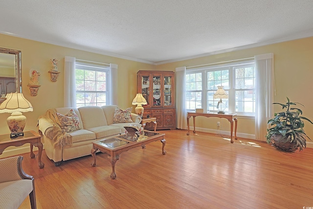 412 43rd Ave N, Myrtle Beach, SC 29577 - living room featuring light wood-style floors, a textured ceiling, crown molding, and baseboards