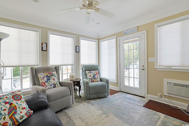 412 43rd Ave N, Myrtle Beach, SC 29577 - sunroom / solarium featuring a wall mounted AC, wood finished floors, crown molding, and baseboards