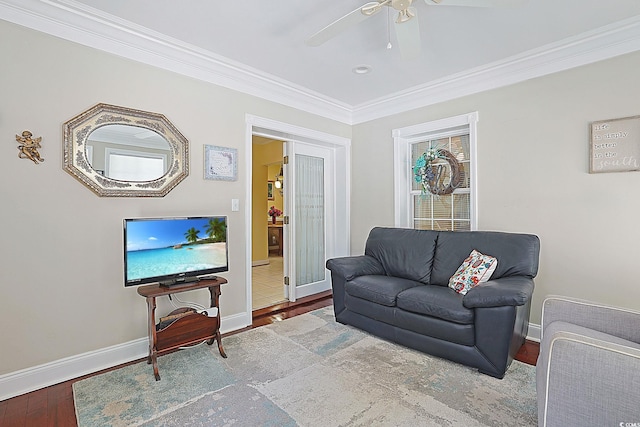 412 43rd Ave N, Myrtle Beach, SC 29577 - living area featuring crown molding, ceiling fan, baseboards, and wood finished floors