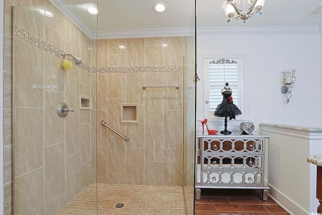 412 43rd Ave N, Myrtle Beach, SC 29577 - full bathroom featuring crown molding, tiled shower, a chandelier, and wood finished floors