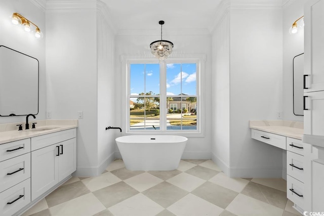 1219 Bentcreek Ln, Myrtle Beach, SC 29579 - full bathroom featuring baseboards, a freestanding bath, a chandelier, vanity, and crown molding