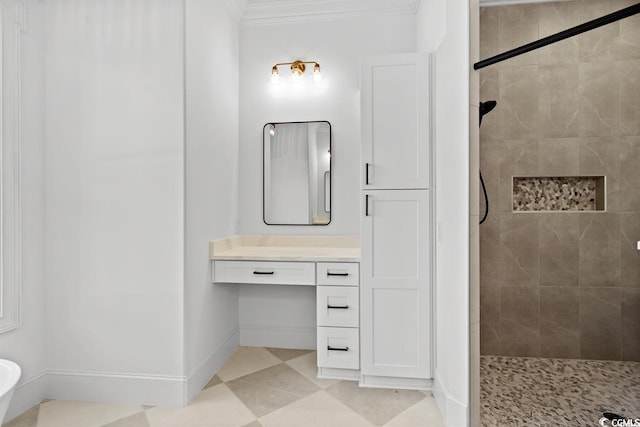 1219 Bentcreek Ln, Myrtle Beach, SC 29579 - bathroom featuring a tile shower, crown molding, vanity, and baseboards