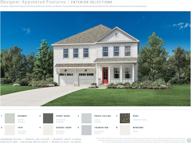 view of front of home featuring a garage, a porch, a front lawn, and driveway