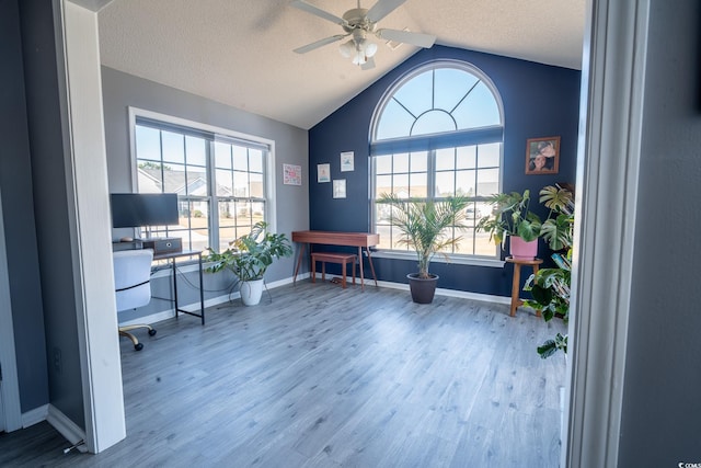office space with ceiling fan, healthy amount of natural light, wood finished floors, vaulted ceiling, and a textured ceiling