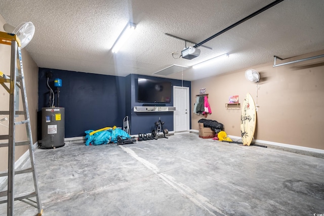 garage featuring electric water heater, a garage door opener, and baseboards