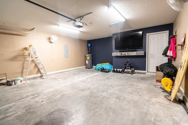 garage featuring a garage door opener, electric water heater, and electric panel