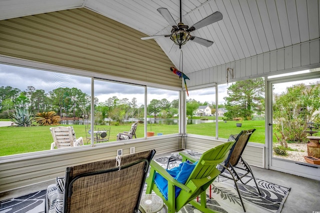 1001 Harvest View Ave, Conway, SC 29527 - sunroom / solarium featuring vaulted ceiling, a water view, and a ceiling fan