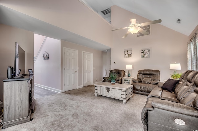 1001 Harvest View Ave, Conway, SC 29527 - living room featuring a ceiling fan, light carpet, and high vaulted ceiling