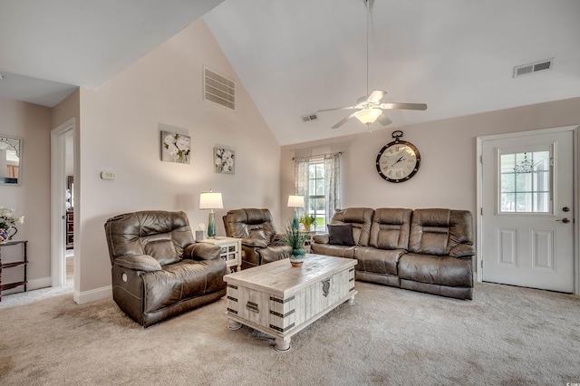 1001 Harvest View Ave, Conway, SC 29527 - living area with light carpet, a ceiling fan, and high vaulted ceiling