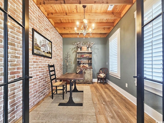 2300 Tansy Rd, Loris, SC 29569 - home office featuring wood ceiling, wood finished floors, a chandelier, beam ceiling, and baseboards