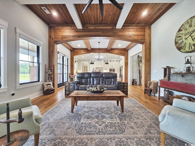 2300 Tansy Rd, Loris, SC 29569 - living room with wood finished floors, beam ceiling, arched walkways, a ceiling fan, and wooden ceiling