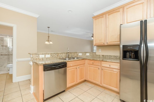 kitchen with stainless steel appliances, light brown cabinets, light tile patterned floors, a sink, and a peninsula
