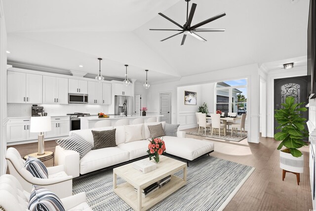 163 Sago Palm Dr, Myrtle Beach, SC 29579 - living room with ceiling fan, wood finished floors, high vaulted ceiling, and recessed lighting