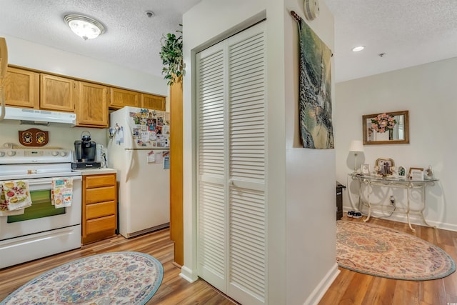 4601 Greenbriar Dr Unit 201, Little River, SC 29566 - kitchen with light wood-type flooring, under cabinet range hood, white appliances, and a textured ceiling
