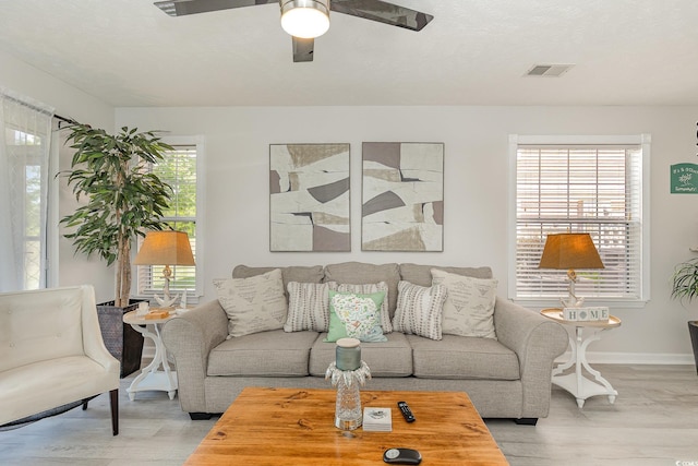 619 Waterway Village Blvd Unit 7C, Myrtle Beach, SC 29579 - living room featuring baseboards, a ceiling fan, light wood finished floors, and visible vents