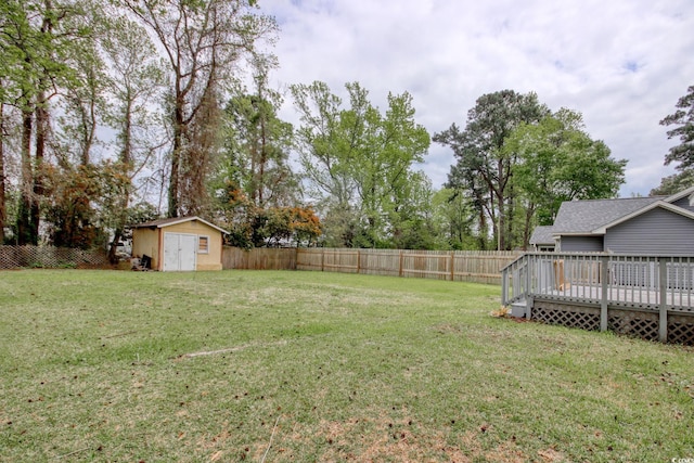 1028 1st Ave S, North Myrtle Beach, SC 29582 - view of yard with a fenced backyard, an outbuilding, a deck, and a storage unit