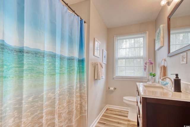 1028 1st Ave S, North Myrtle Beach, SC 29582 - full bathroom with toilet, wood finished floors, vanity, baseboards, and a shower with shower curtain
