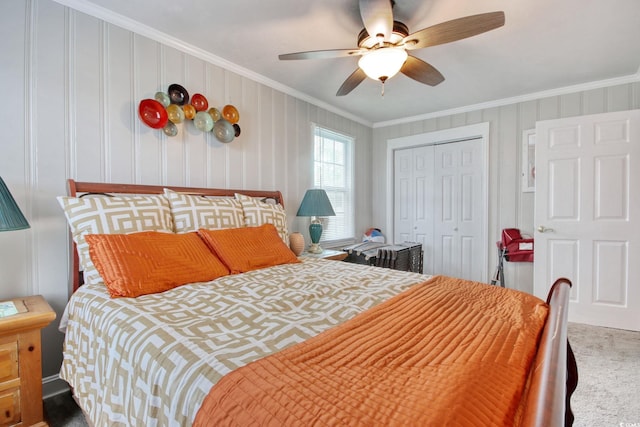 1028 1st Ave S, North Myrtle Beach, SC 29582 - bedroom with carpet floors, a closet, crown molding, and a ceiling fan