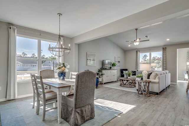 190 Glengrove Ln, Murrells Inlet, SC 29576 - dining room with a chandelier, wood finished floors, lofted ceiling, a ceiling fan, and recessed lighting