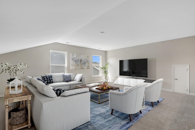 186 Glengrove Ln, Murrells Inlet, SC 29576 - living room with carpet floors, baseboards, vaulted ceiling, and visible vents