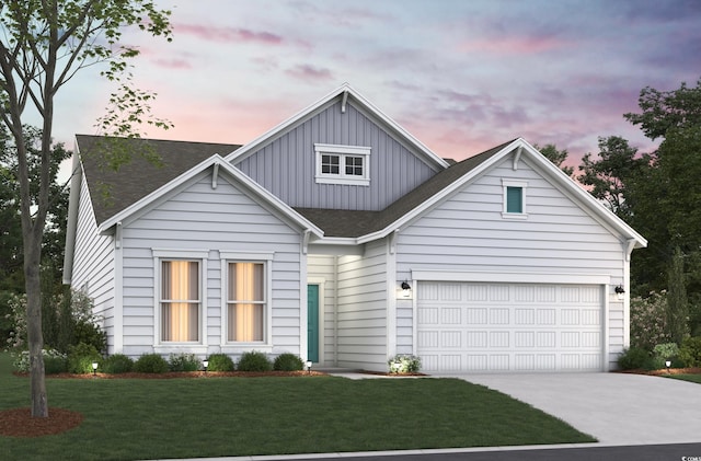 186 Glengrove Ln, Murrells Inlet, SC 29576 - view of front of house featuring a lawn, a shingled roof, board and batten siding, and concrete driveway