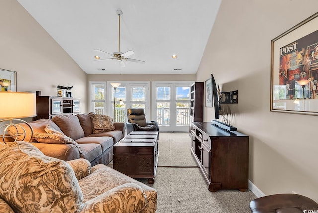 4755 Lightkeepers Way Unit 15-E, Little River, SC 29566 - living area featuring ceiling fan, visible vents, light colored carpet, high vaulted ceiling, and baseboards