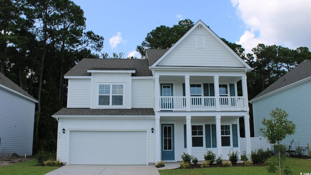 728 Choctaw Dr, Conway, SC 29526 - neoclassical / greek revival house featuring a balcony, concrete driveway, a porch, and roof with shingles