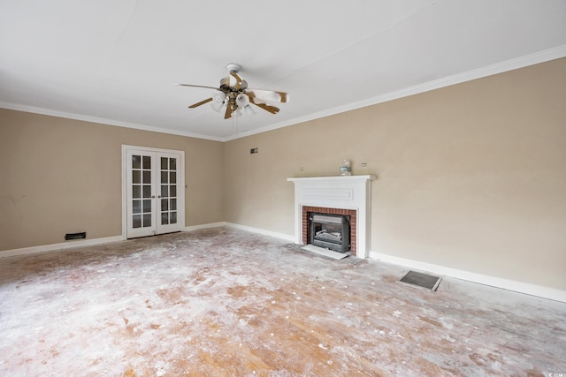 unfurnished living room with baseboards, visible vents, a brick fireplace, ceiling fan, and ornamental molding