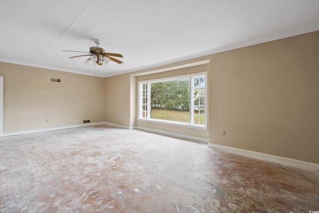 unfurnished room featuring visible vents, a ceiling fan, baseboards, and ornamental molding