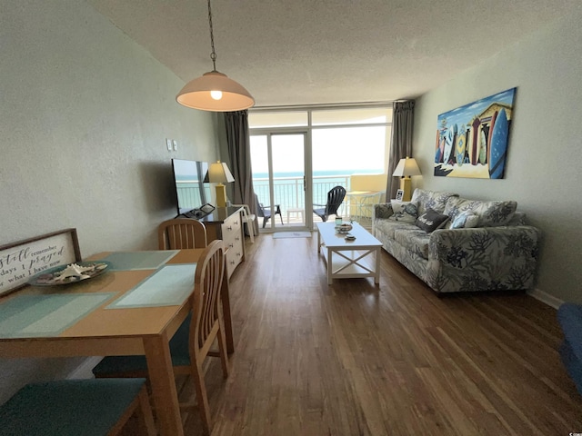 2701 S Ocean Blvd Unit 1507, North Myrtle Beach, SC 29582 - living area with wood finished floors, a wall of windows, a textured ceiling, and a textured wall