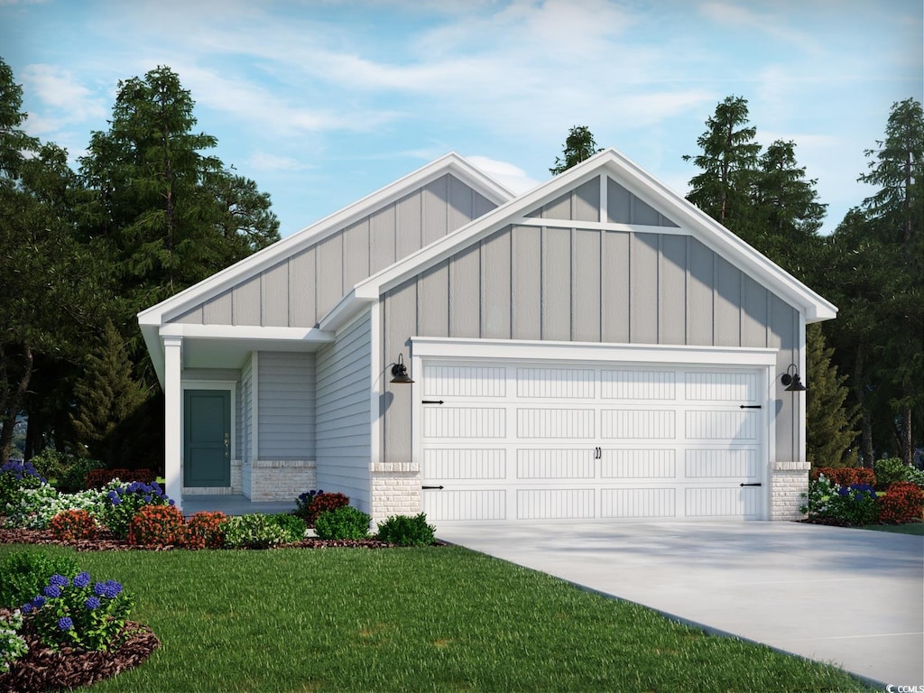 view of front of property with concrete driveway, board and batten siding, an attached garage, and brick siding