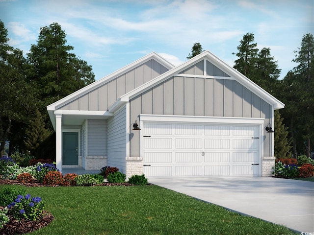 view of front of property with concrete driveway, board and batten siding, an attached garage, and brick siding