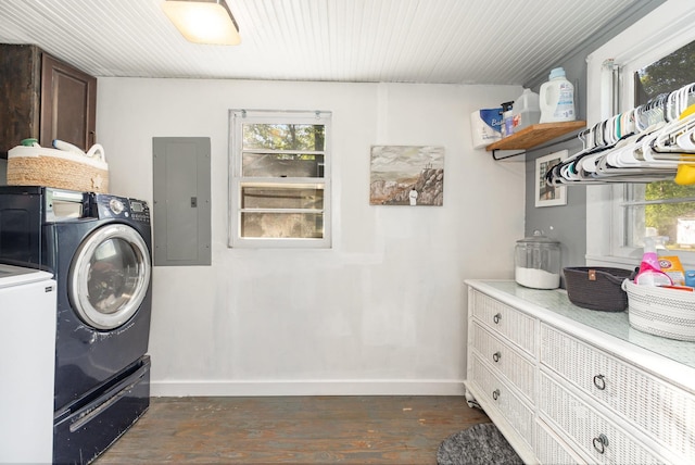 508 Pearl St, Conway, SC 29527 - clothes washing area featuring dark wood finished floors, laundry area, electric panel, baseboards, and separate washer and dryer