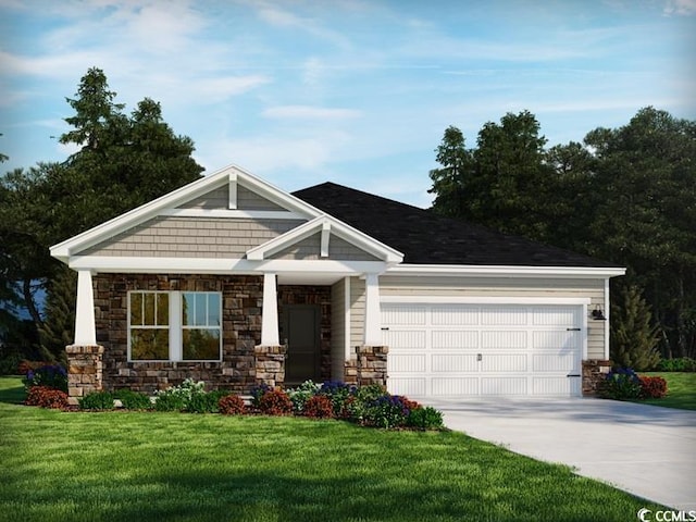 craftsman house with stone siding, driveway, a front yard, and a garage