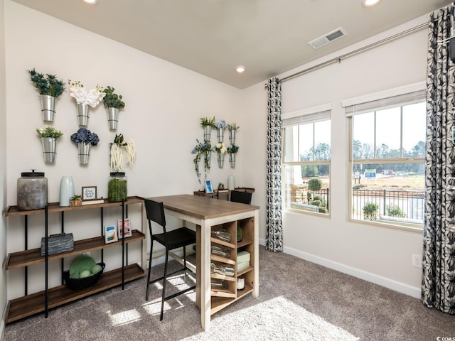 home office featuring visible vents, carpet, baseboards, and a healthy amount of sunlight