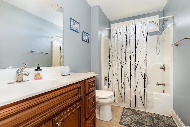 full bath featuring shower / bath combination with curtain, toilet, vanity, and tile patterned floors